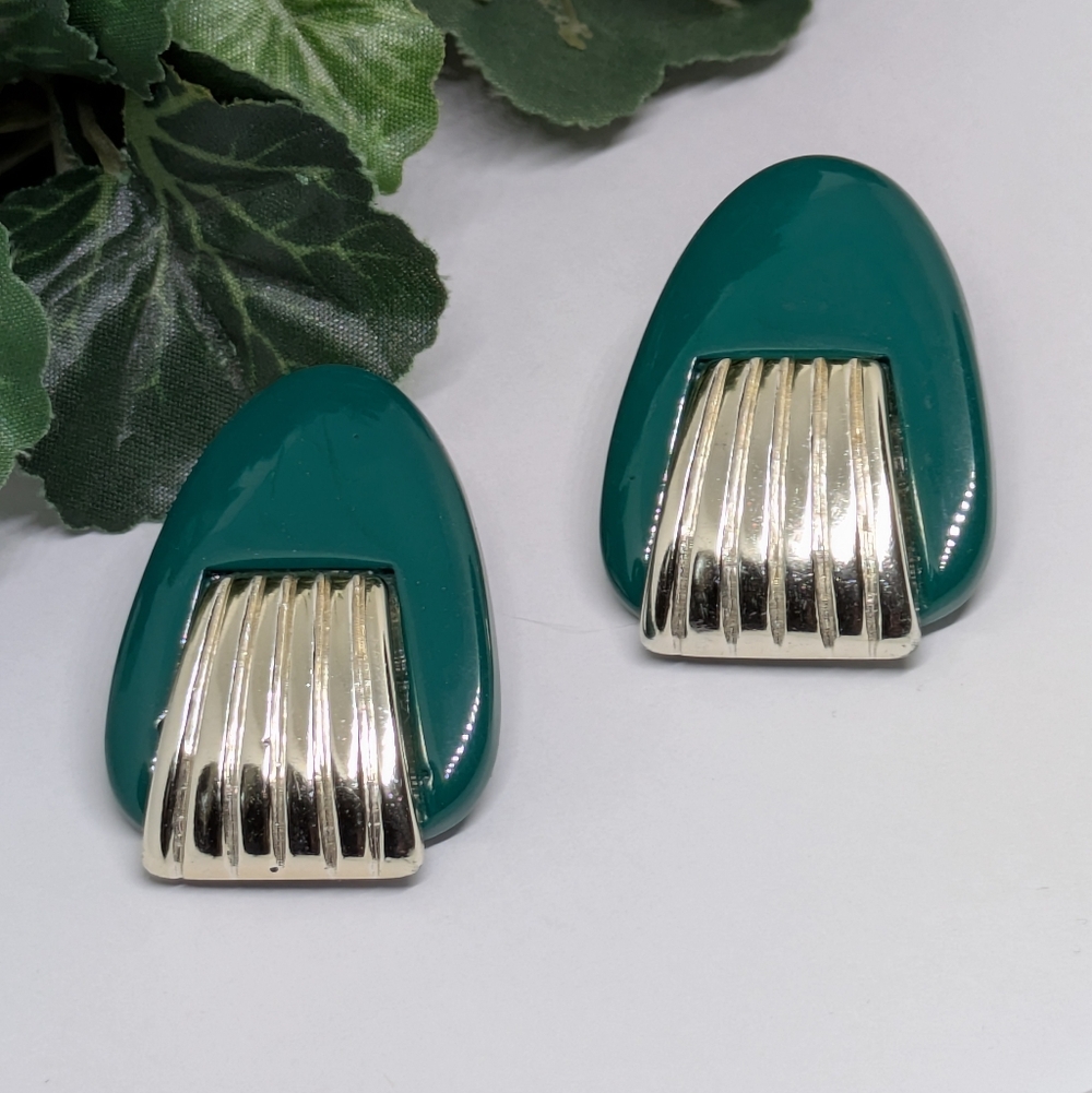 Vintage 1980's Big Green & Gold Plastic Earrings Boho Bohemian Retro Statement